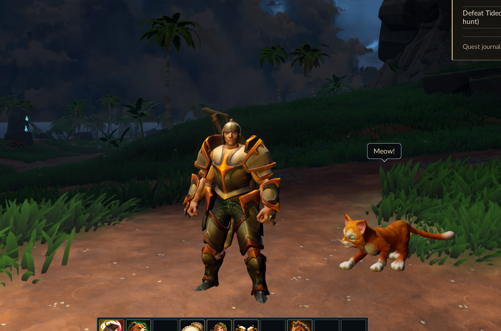 A character wearing the Bronze Footman set at +0 on a coastal path at night, with an orange cat beside him