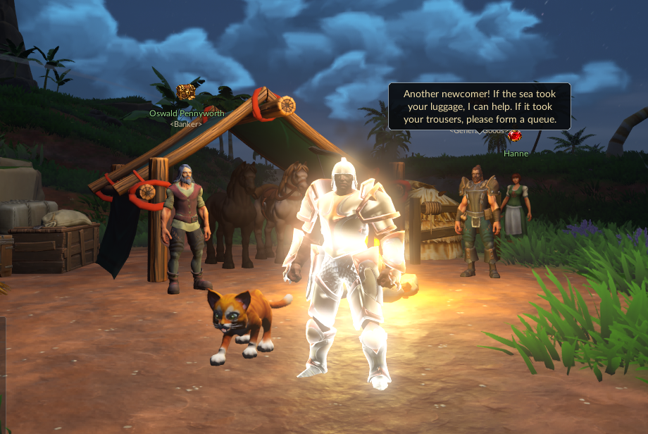 The Bronze Footman set at +2 with a strong white-gold upgrade glow, shown in a coastal camp beside an orange cat