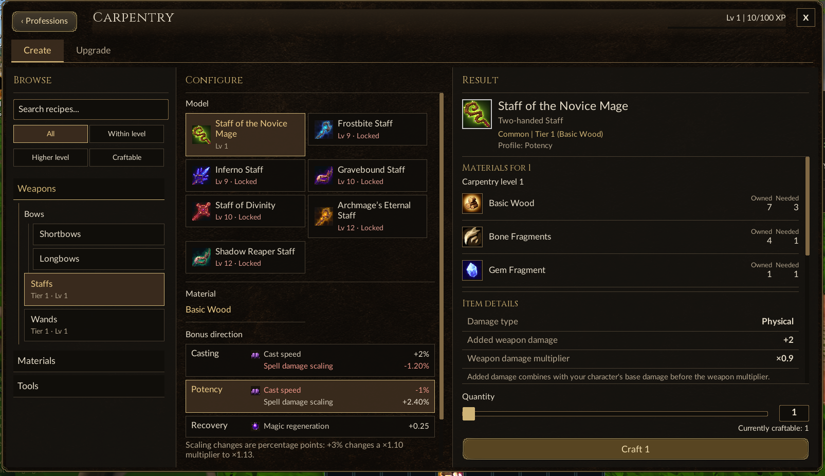 The Carpentry workshop showing the Staff of the Novice Mage with Casting, Potency and Recovery crafting directions; Potency is selected