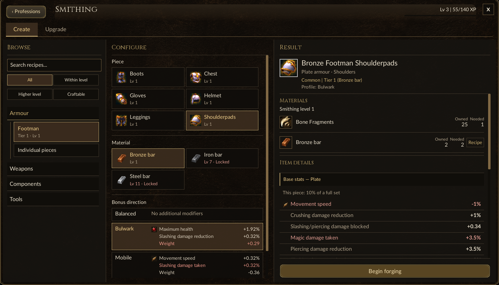 The Smithing workshop showing Bronze Footman shoulderpads, bronze, iron and steel material choices, and Balanced, Bulwark and Mobile bonus directions