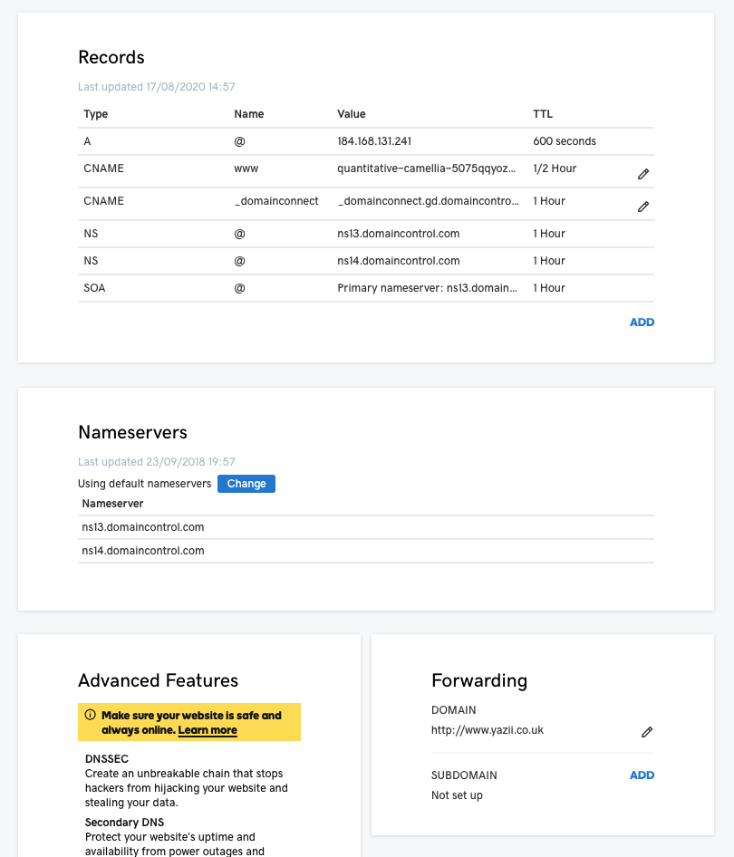 GoDaddy Domain settings