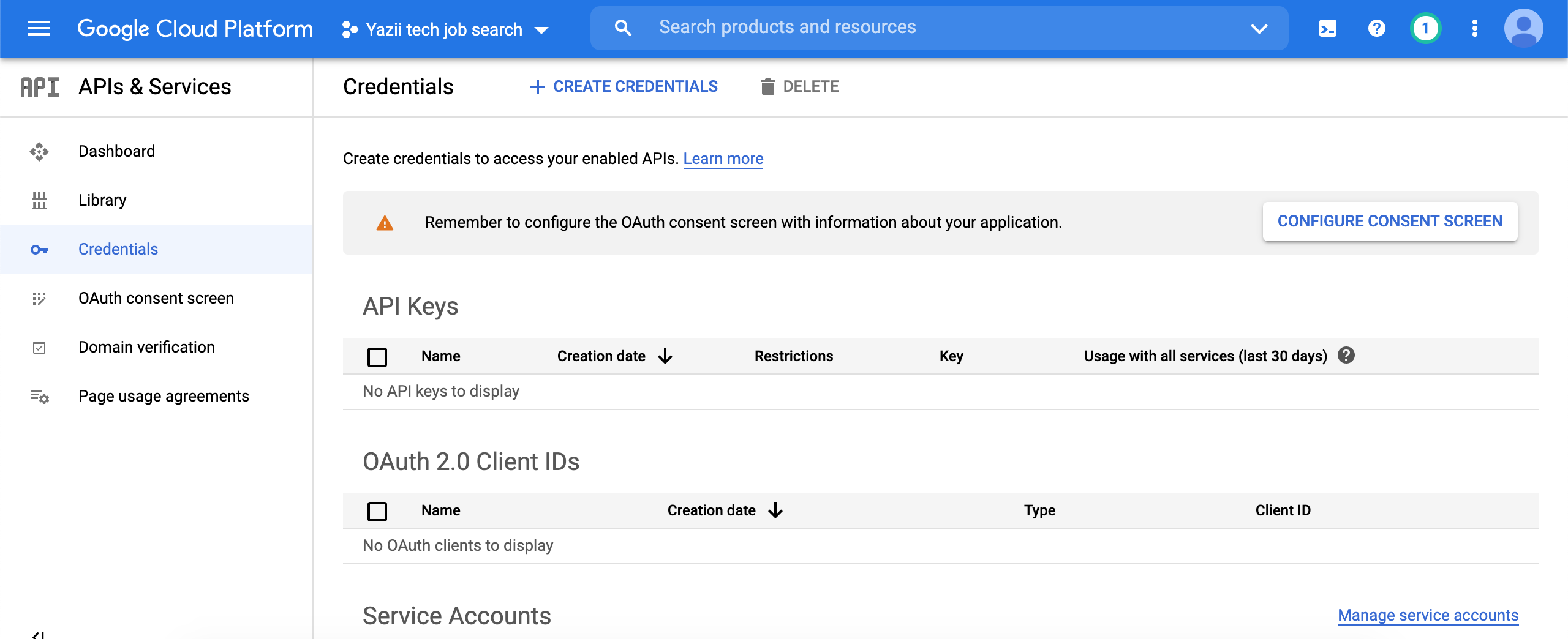 Google API Credentials page