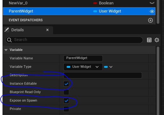 Parent widget, instance editable and exposed on spawn.