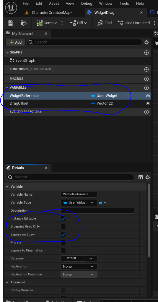 Add widget reference and drag offset variables