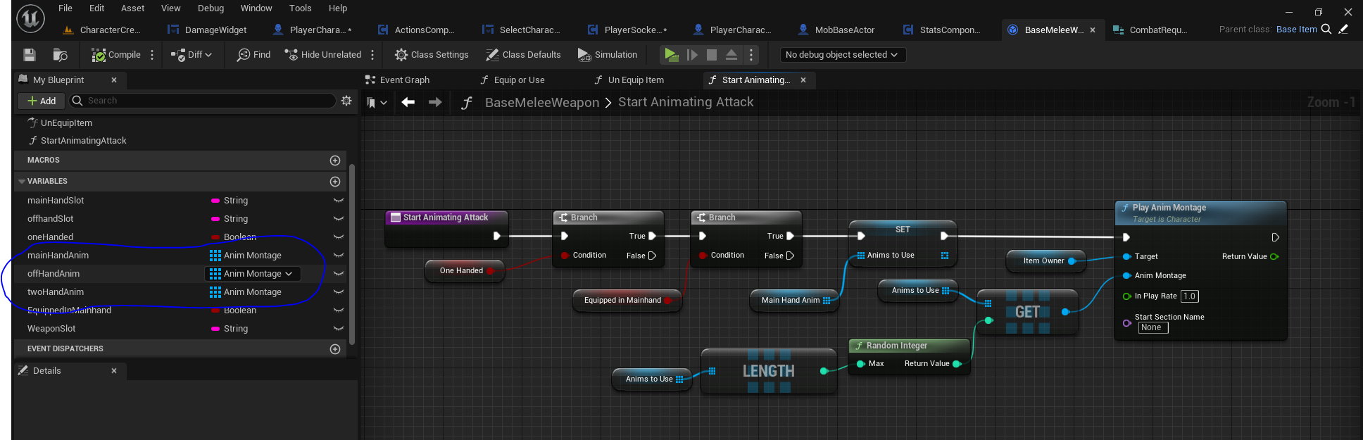 Checking Base Weapon class for initiating animations