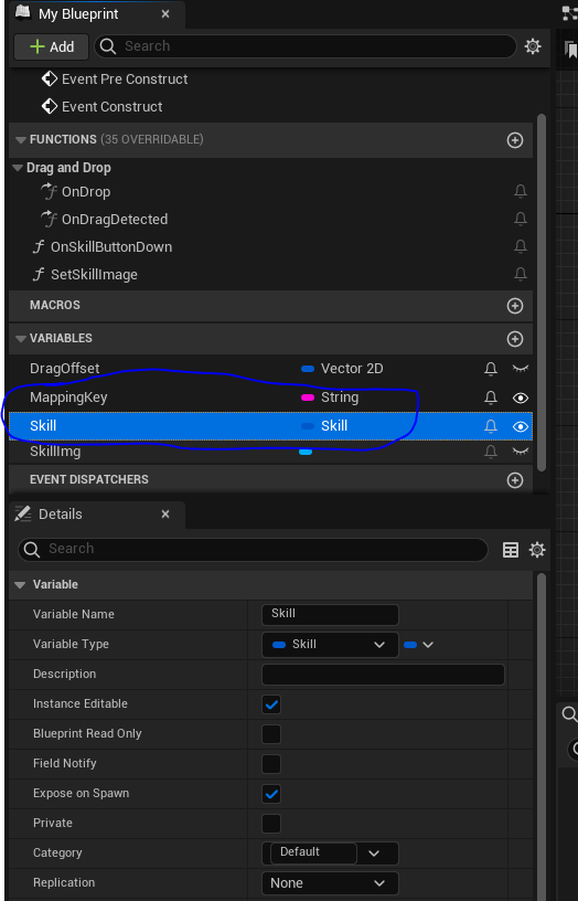 create mapping key and skill variables and make them instance editable and exposed on spawn.