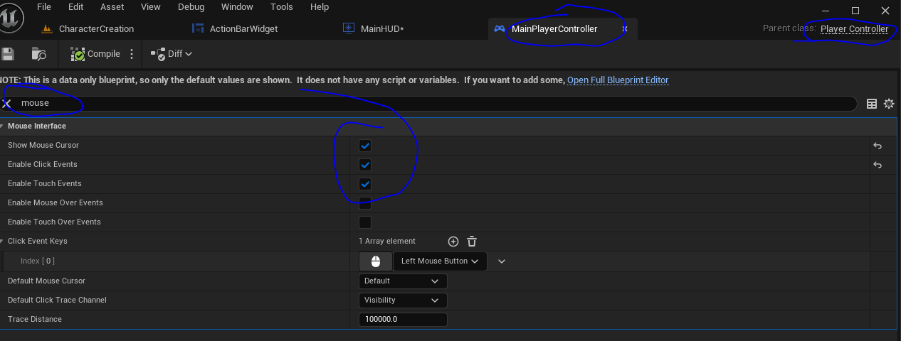 Enable mouse interface in your player controller