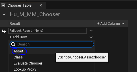 Select asset for new row