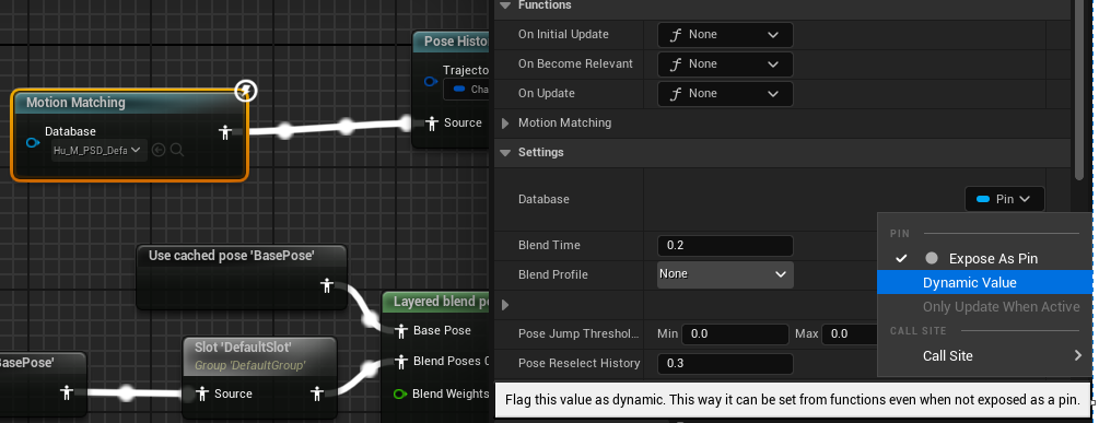 Change motion matching database to be dynamic value