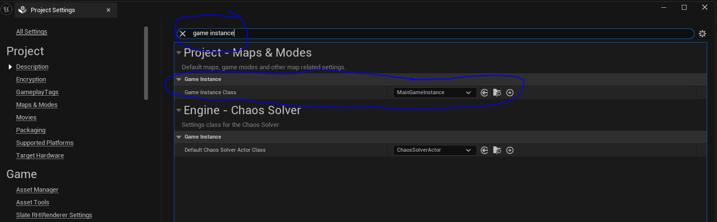 configuring the game instance in project settings