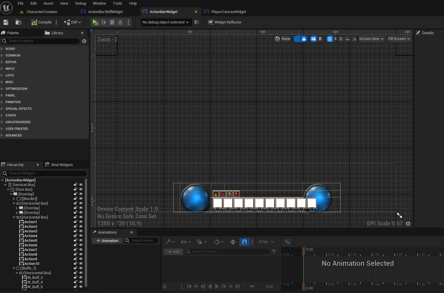 Action bar widget, containing action bar slots