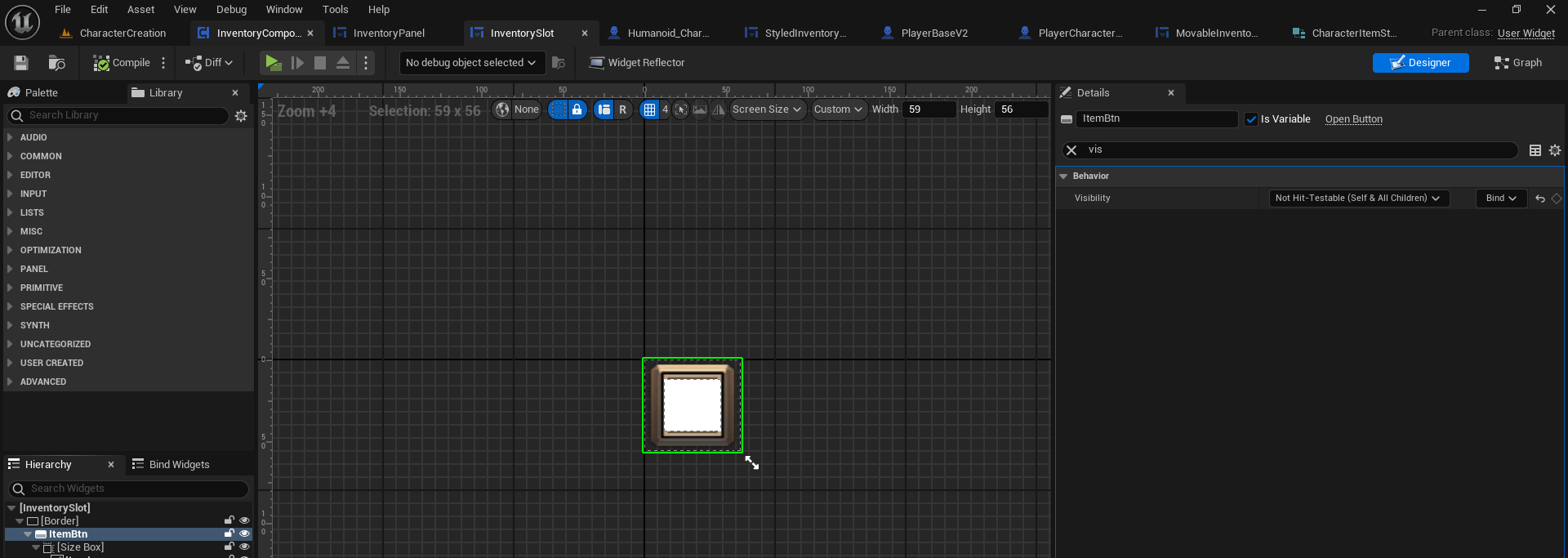 Item widget Button set visibility to not hit - testable