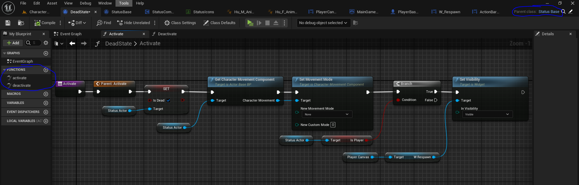 Death status object with Activate functionality