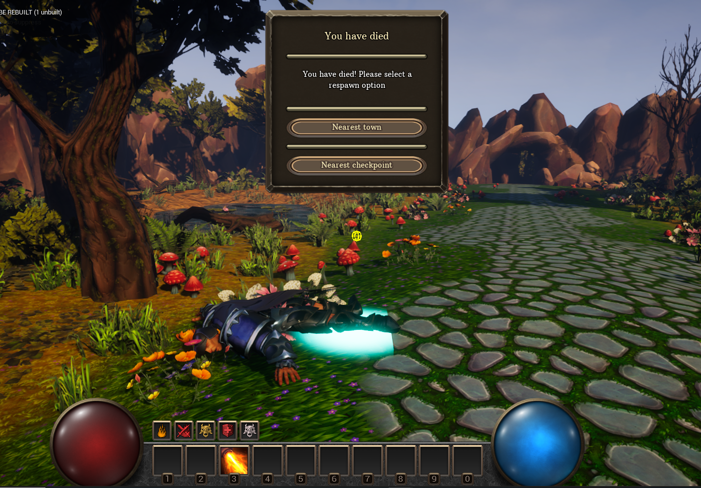 Respawn screen popped up, character play death animation and status widget added