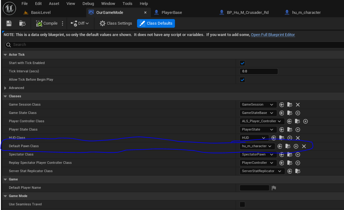 Use character in the game mode settings