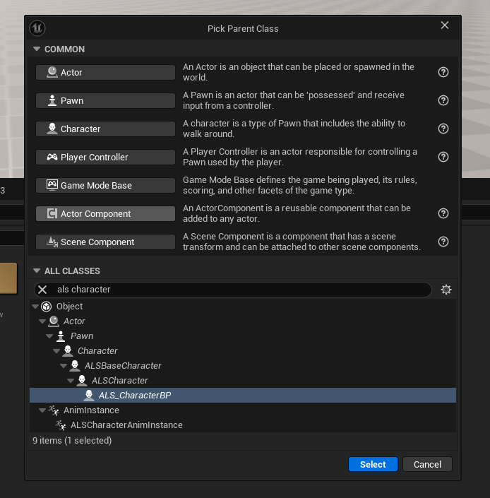 select ALS character BP as parent for player base character